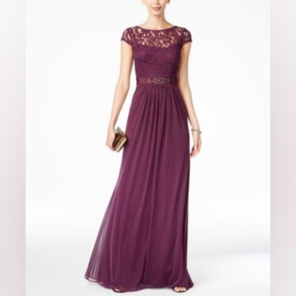 Elegant Deep Wine Lace Evening Gown - Picture 1 of 7